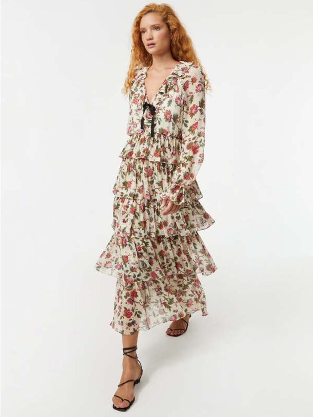 RHODE Ivory Floral Tiered Ruffle Maxi Dress with Red Bloom
